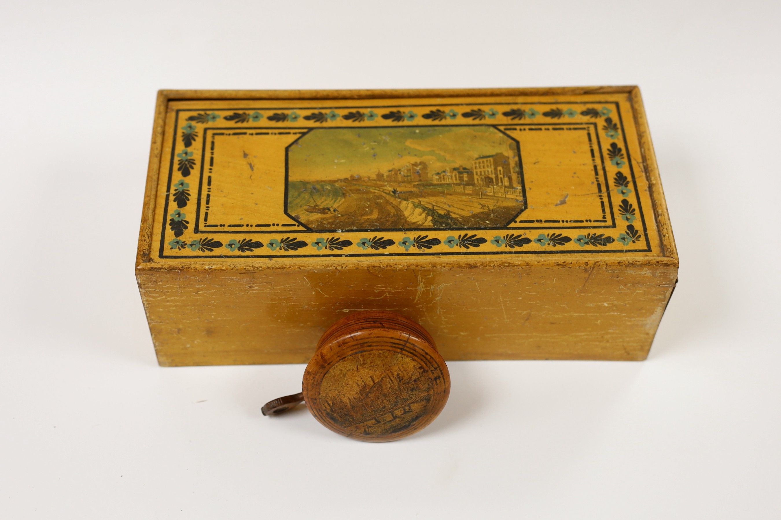 Two early 19th century boxes, a circular Brighton nutmeg grater and a pair of framed early 19th century reverse prints, chinoiserie subjects